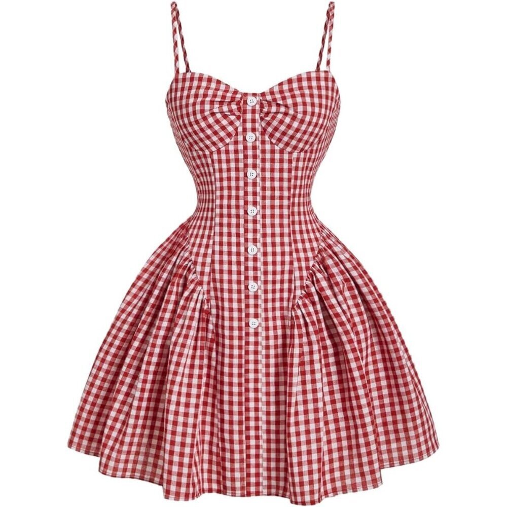 Women's Plaid Cami Dress Spaghetti Strap Ruffle Hem Button Decor Short
